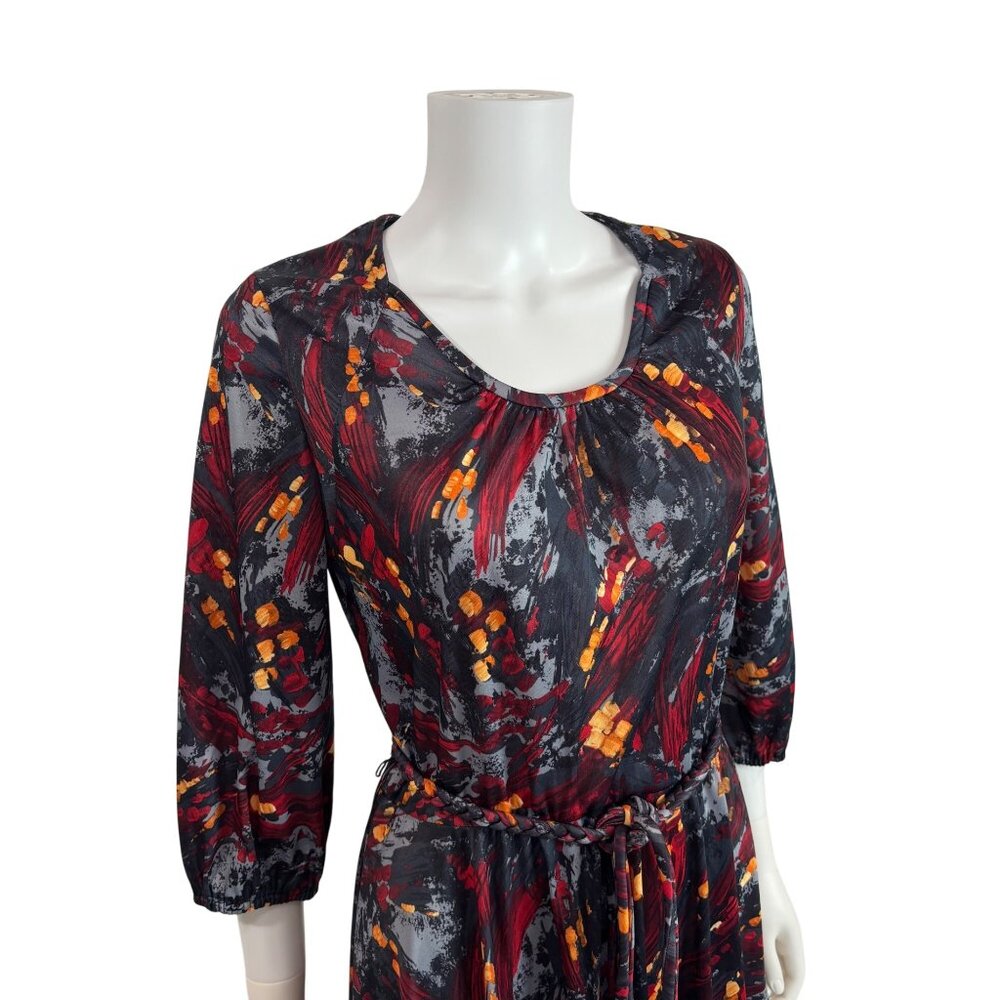 Vintage 70s Artsy Dress Womens Large Red Gray Abstract Print Braided Belt Fit An - Picture 5 of 11